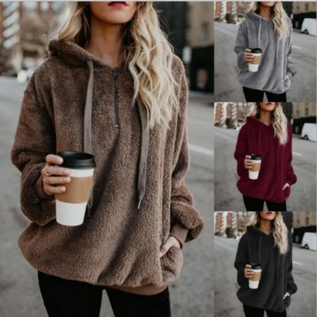  Winter Warm Casual Double Fuzzy 1/4 Zip Sweatshirt Faux Fleece Pocket Long Sleeve Oversize Sherpa P