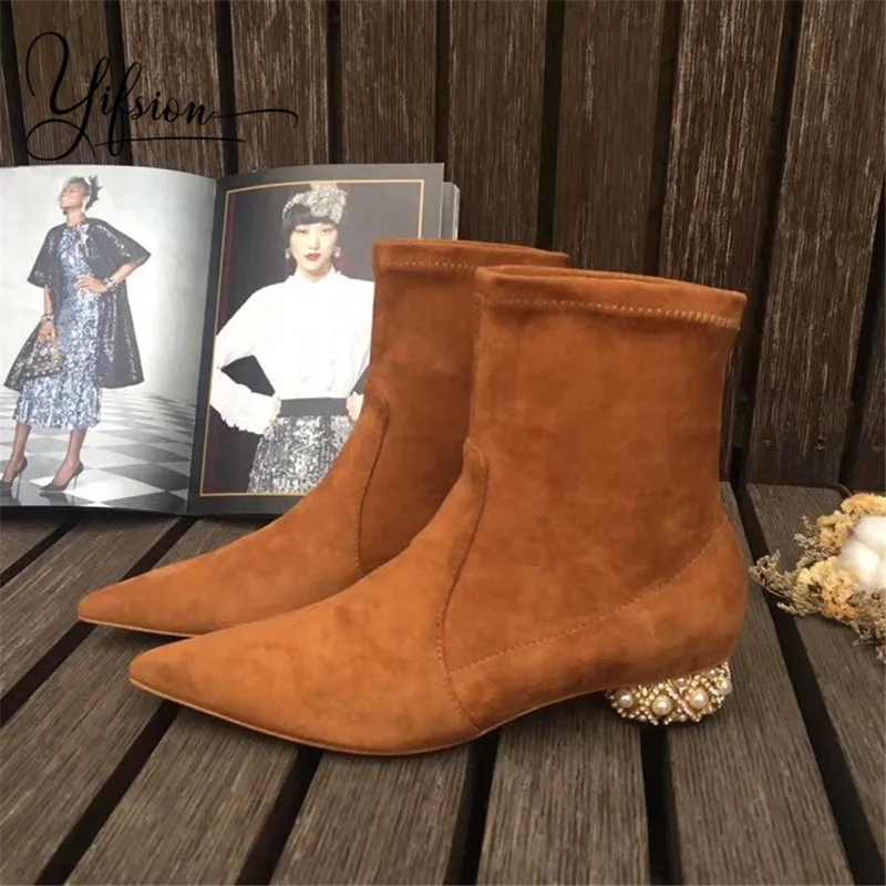 

OLOME New Fashion Black Pink Women Ankle Boots Pointed Toe Slip On Crystal Thick Low Heel Autumn Women Boots Shoes Woman