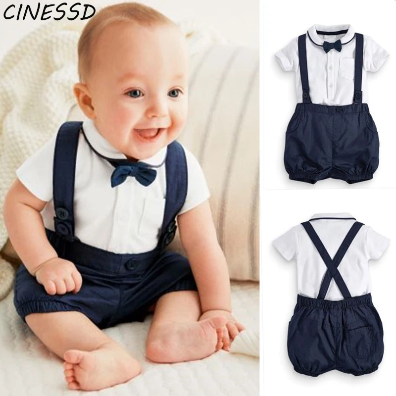 

Toddler Kids Boy Gentleman Clothes Set Baby Infant Boy White Tie Tops+Overalls Shorts 2Pcs Children Boys Clothes Suit 0-24M