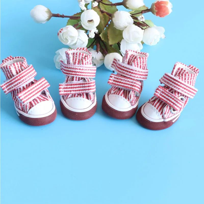 Red 4 шт./компл. Non-slip Холст собаки обувь полоса Pet джинсы для собаки обувь осень-зима Обувь для отдыха XS размеры s m l xl - Цвет: Red