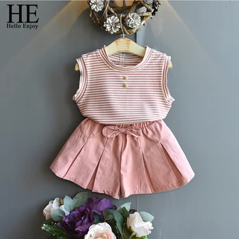 

HE Hello Enjoy Girls Clothes Set 2020 Summer New Fashion Sleeveless Knitted Striped Top Shorts Pants Casual Kids Suit