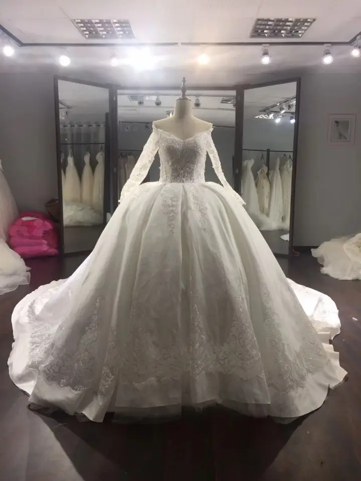 

Long Ball Gown Lace V-Neck Wedding Dresses with Sleeves Tulle Illusion Back with Buttons Bridal Gowns for Women Real Pictures