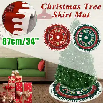 

Red/Green Christmas Tree Skirt Mat 87cm Edge Border Round Mat Decoration Carpet Christmas Tree Decoration New Year Home Party
