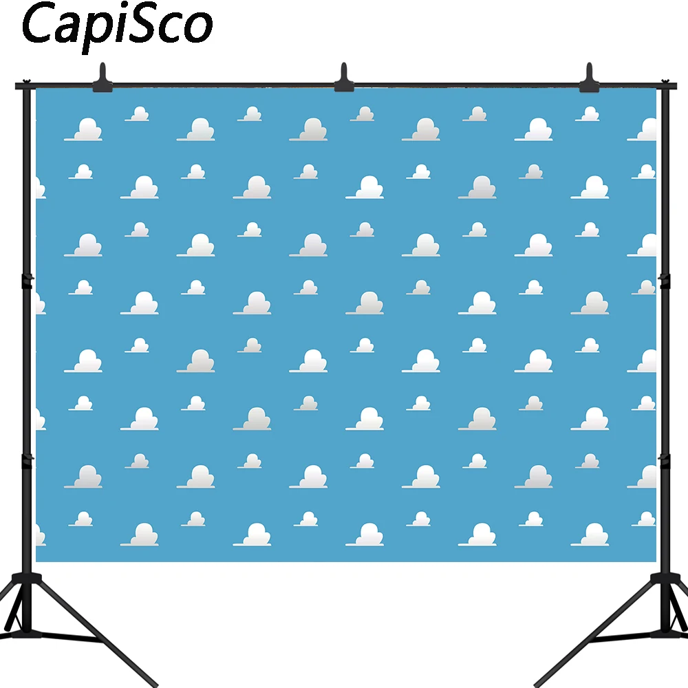 

Capisco Blue Sky Clouds Backdrop Cartoon Kids Birthday Party Decorations Toy Story Photo Booth Background Dessert Table Banner