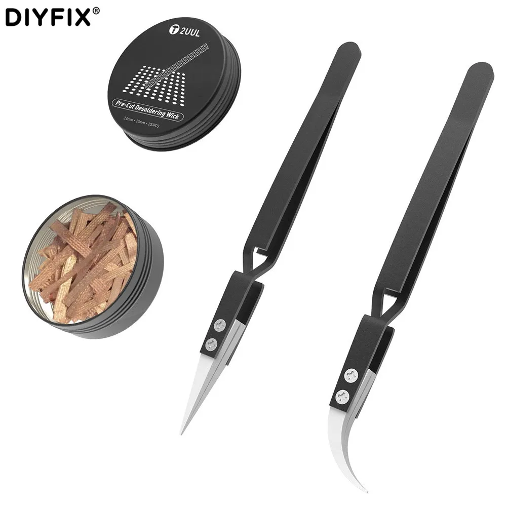 

2UUL 2mm*25mm*100pcs Pre-cut Desoldering Wicks With Reversed Ceramic Tweezers For Phone Motherboard BGA Weldin Repair Tool