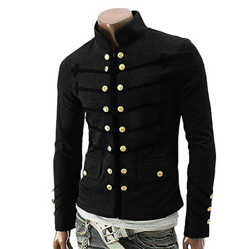 Винтажный однотонный мужской Готический пиджак в стиле стимпанк, туника, рок-платье, Униформа, Мужской винтажный костюм в стиле панк, металлический военный пиджак, верхняя одежда