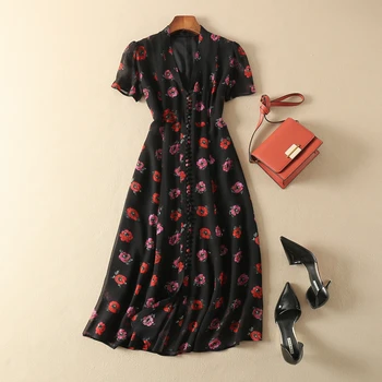 

Women Dress Print Silk Smooth Romantic Style Slim Covered Button Dress