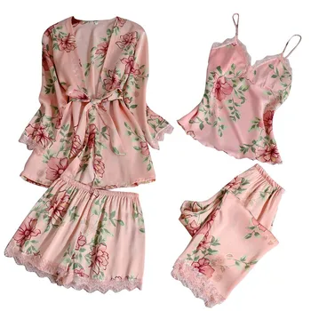 

Sexy Silk Robes Sets Hot Sale Satin Lingerie Lace Floral Print Nightdress Silk Robes Underwear Women 4PCS Sleepwear Sets пижама