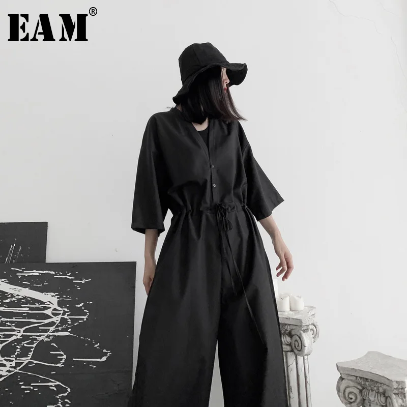 

[EAM] Loose Fit Women Black Long Wide Leg Jumpsuit New High Waist Pocket Stitch Pants Fashion Tide Spring Autumn 2020 19A-a631