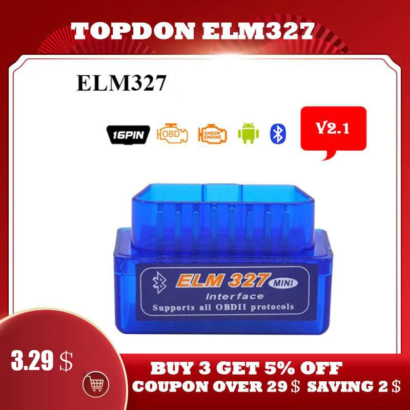 

TOPDON ELM327 Bluetooth V1.5/V2.1 Mini Elm327 OBD2 Scanner Adapter OBDII Car Diagnostic Code Reader For Android Windows Symbian