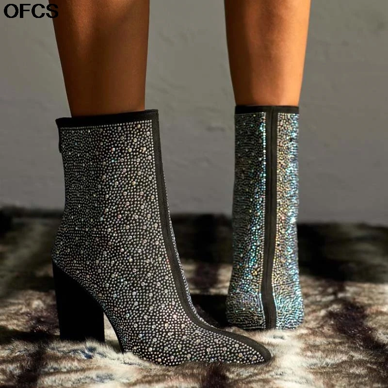 Женские ботинки на квадратном каблуке пикантные женские ботинки с острым носком, блестящие стразы Модные женские ботинки на толстом каблуке для торжеств