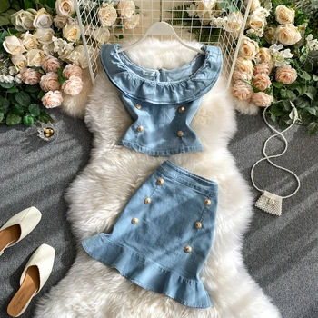 

Women Jeans Ruffles Jumper Tops+Bodycon Mermaid Skirts Two piece sets Women Slash Neck Buttons Casual Denim Skirt Outfits