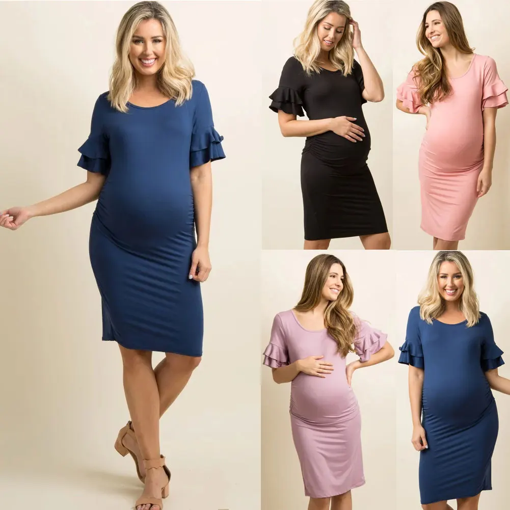 pudcoco Women Pregnant Autumn Dresses Maternity O-Neck Long Sleeve Solid Ruffles Sexy Photography Mini Dress 3 colour