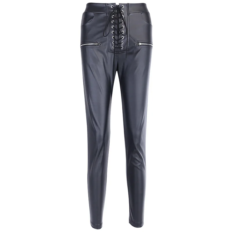 Wannathis кожаные брюки из искусственной кожи узкие брюки на шнуровке с высокой талией облегающие обтягивающие уличные осенние повседневные женские брюки на молнии - Цвет: Black