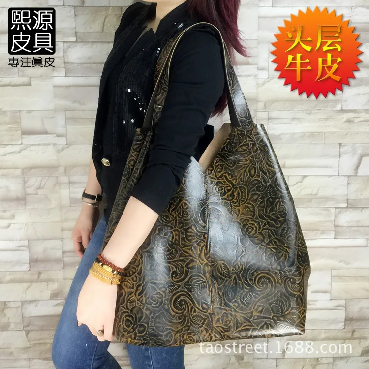 

2019 New Style Europe And America Full-grain Leather WOMEN'S Leather Bags Embossed Casual Large-Volume Tote Bag Shoulder Bag