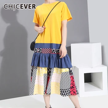 

CHICEVER Patchwork Hit Color Dress For Women O Neck Short Sleeve Oversize Loose Midi Pleated Dresses Female 2020 Fashion New