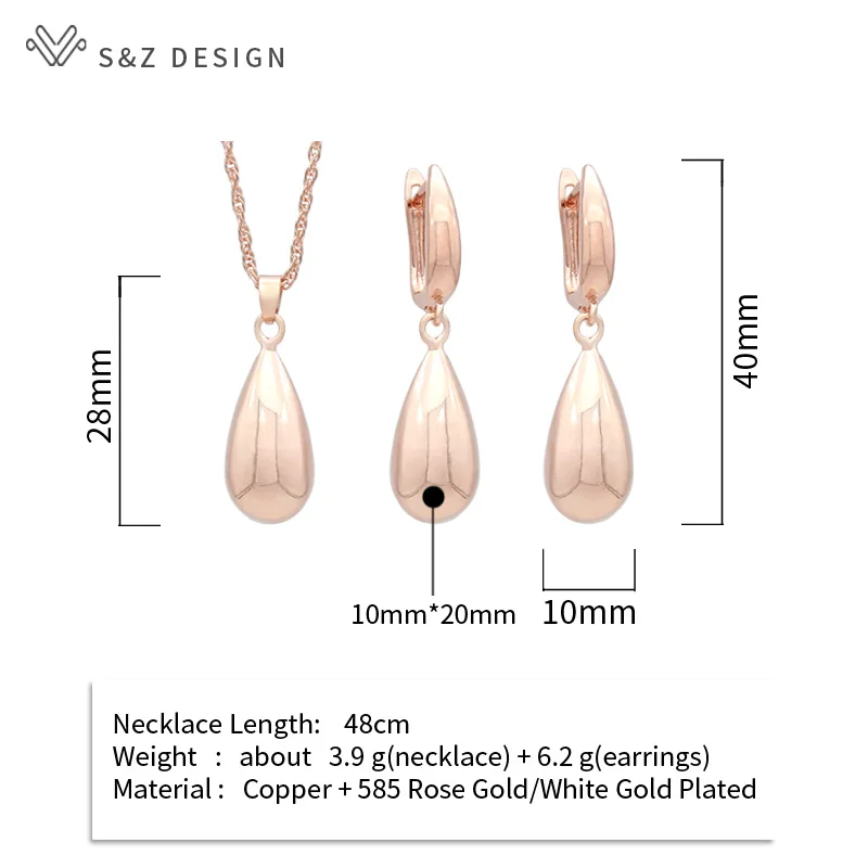 S&Z DESIGN New 585 Rose Gold Color Water Drop Metal Dangle Earrings Jewelry Sets For Women Wedding Pendant Necklace