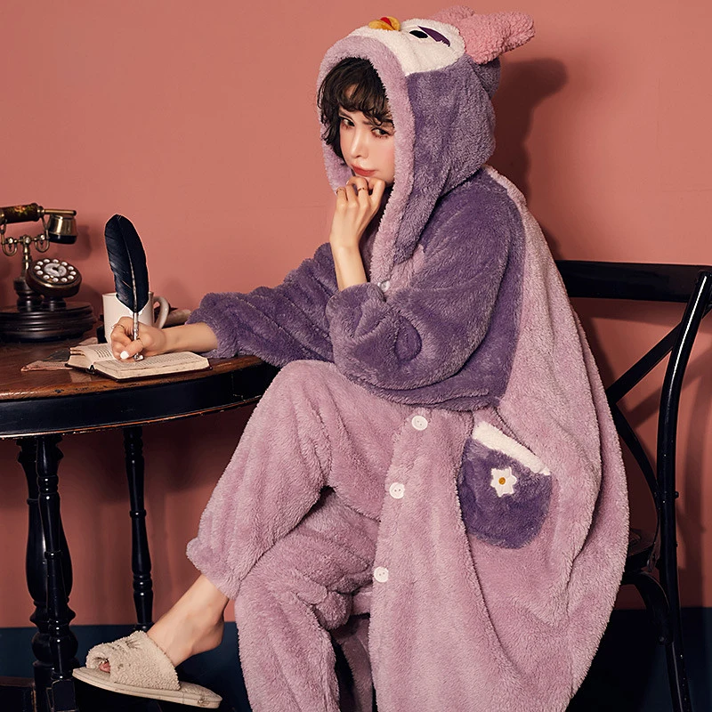 Winter pajamas for Women sleepwear nightwear long robe set thickening coral velvet warm hooded pajamas sets homewear nightgown - Цвет: Фиолетовый