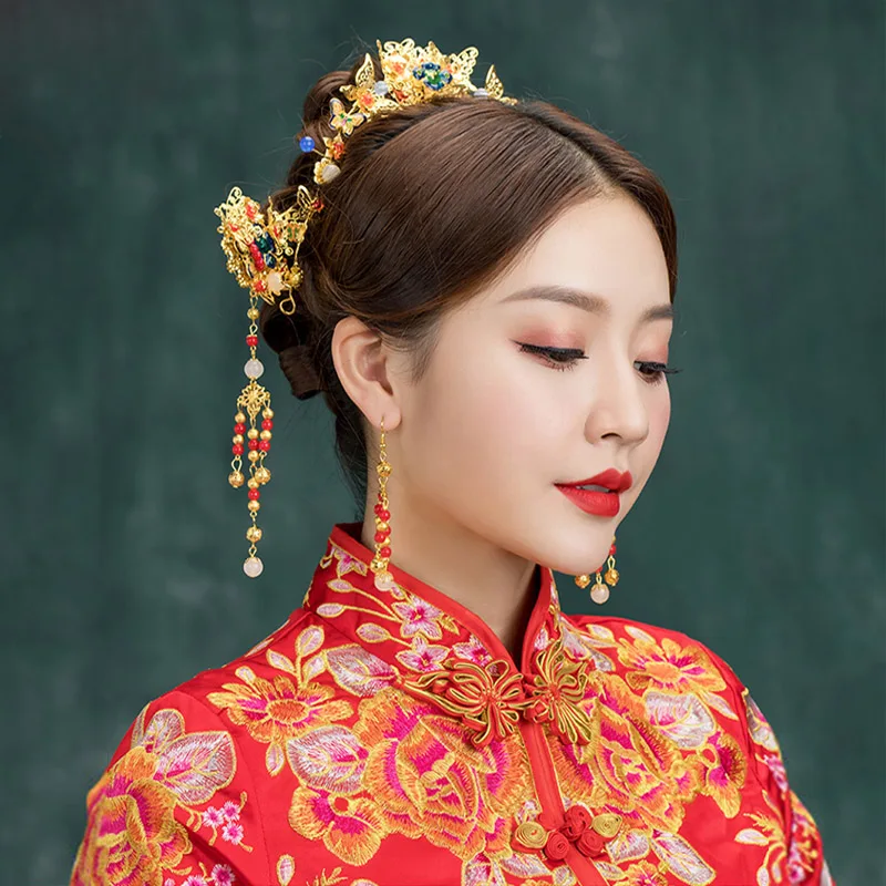 QIANJI Hanfu головной убор невесты атмосфера китайский стиль костюм Fengguan полный набор свадебных ювелирных аксессуаров