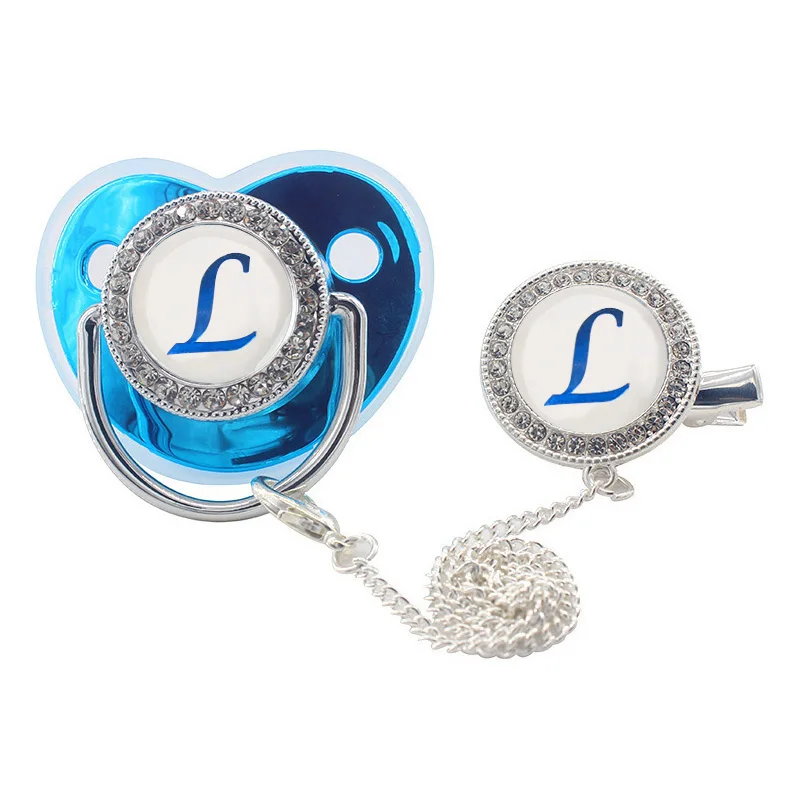 Name Initial Letters Baby Pacifier with Clips Lids Rhinestone Blue Luxury Pacifier Newborn Baby Boys Silicone Nipple Baby Shower 6