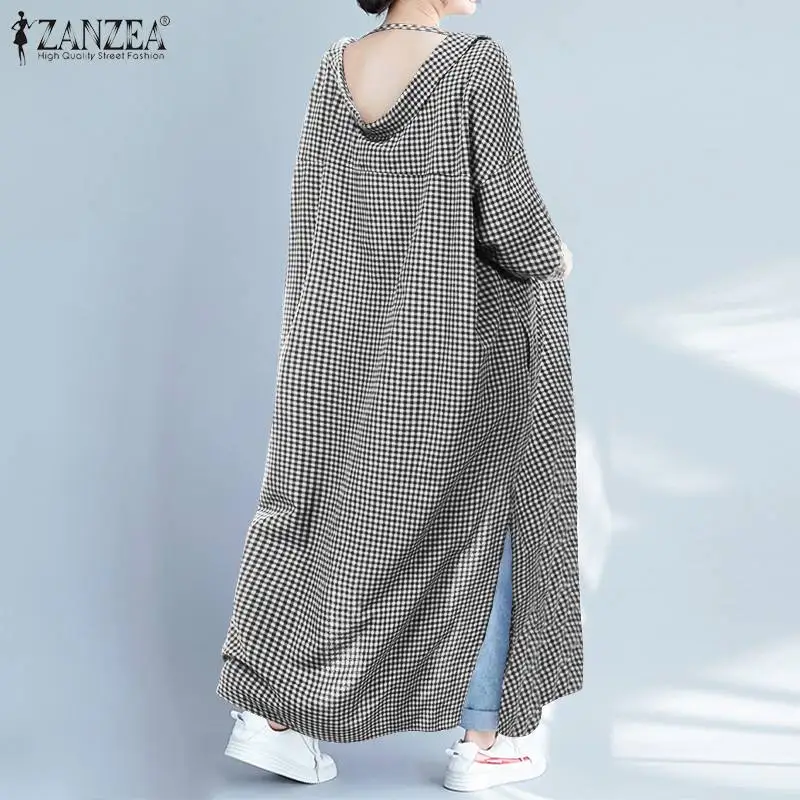 ZANZEA, Модный женский длинный кардиган в клетку, для офиса, леди, хлопок, лен, рубашка в клетку, блузка, повседневная, на пуговицах, туника, топы, блузы