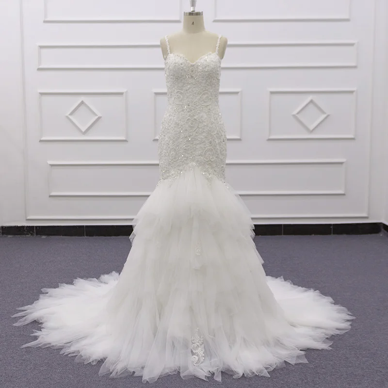 

SJ222 actual photo custom made Spaghetti Strap beads France lace backless pleat Spaghetti Strap net wedding dress mermaid