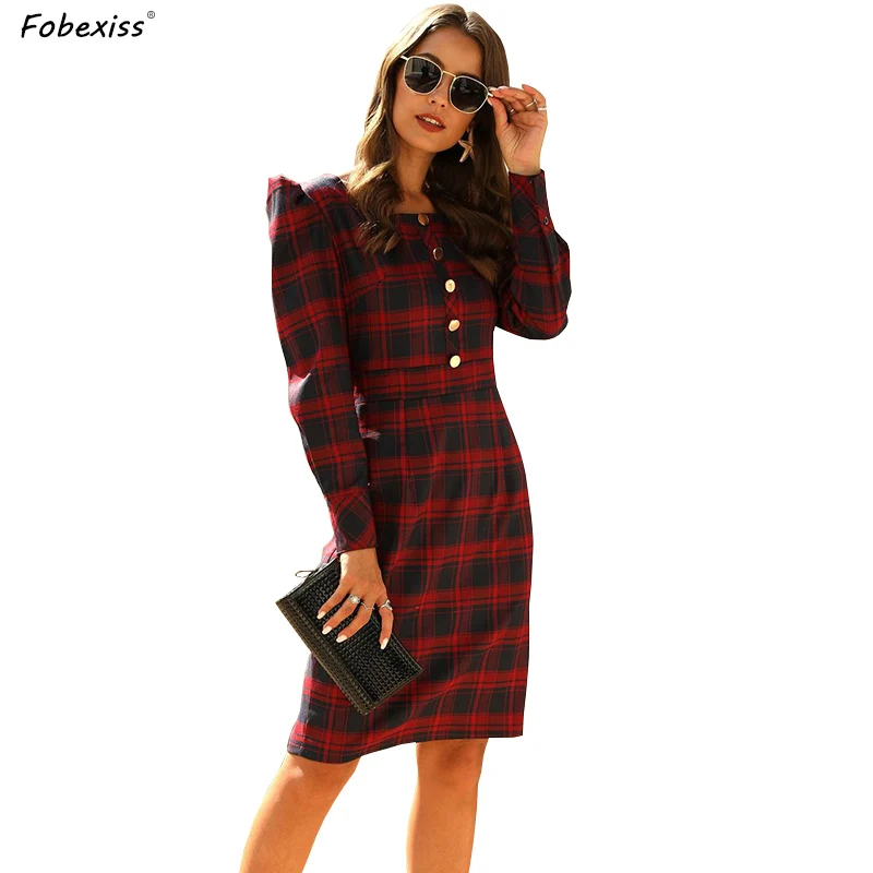 

Elegant Red Plaid Dresses Female Spring 2020 Square Collar Puff Long Sleeve Midi Pencil Dress Office Lady Check Dresses Women