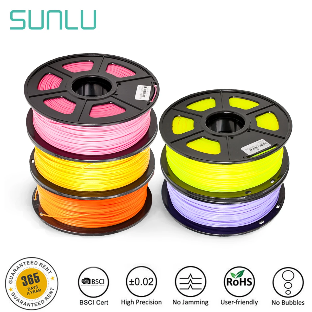 

SUNLU PLA 3D Printer Filament 1.75mm plastic 5 rolls with Pink,Lightgold,Orange,Yellow,Purple for 3d printing