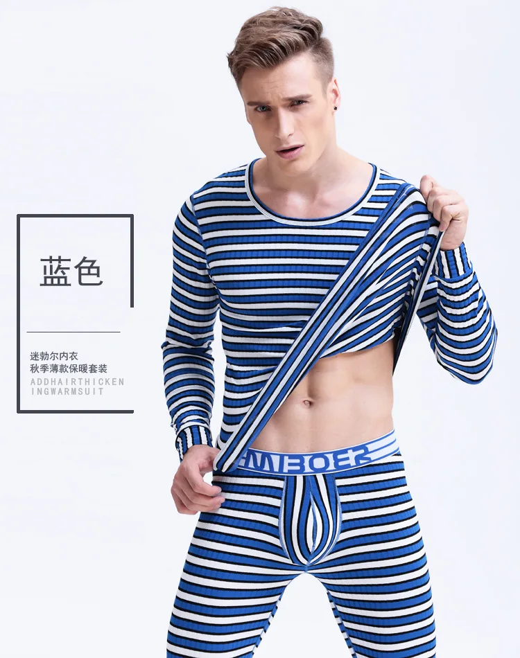 Aismz Winter Mens Warm Thermal Underwear Mens Thermo Sexy Fashion Striped Thermal Underwear Sets Cotton Long Johns for Man