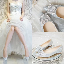 Chaussures de mariage pour femmes, mocassins à bout pointu en cristal, à paillettes, confortables, à boucle carrée, 34 à 43