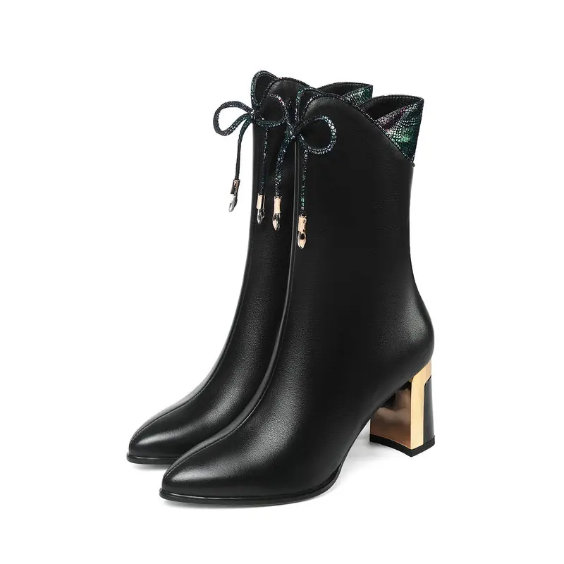 Real leather Women Boot metal high heels mid calf boots New poined Toe Woman Winter Shoes woman large size 34-43