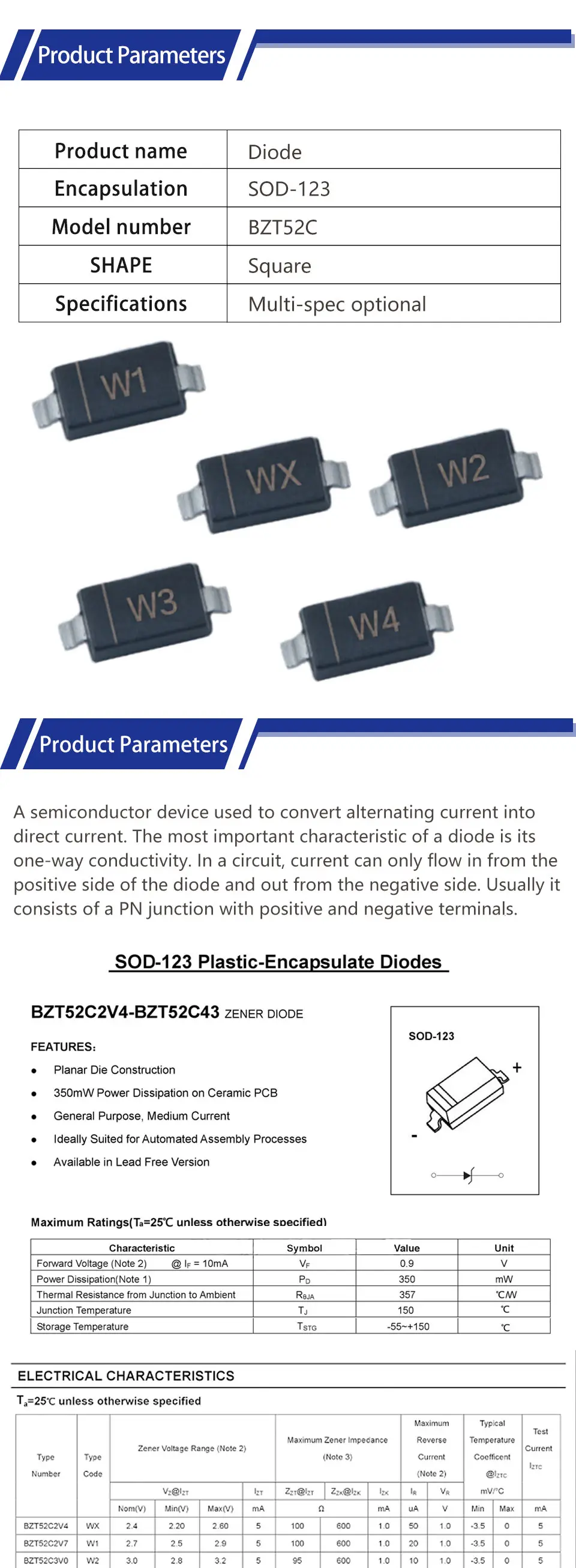 100 шт. SMD Диод Зенера BZT52C24 WO BZT52C27 WP BZT52C30 WQ BZT52C33 WR ...