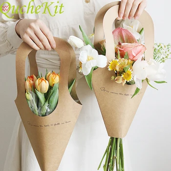 

5pcs Kraft Paper Bags Pink Flower Box With Handle Wedding Party Festival Florist Bouquet Packaging Box Party Decor Rose Gift Box