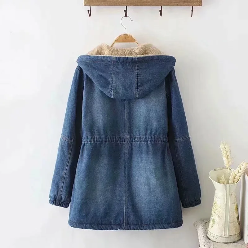 

2018 Autumn & Winter New Style Fresh Solid Color College Style Drawstring Mid-length Casual Cowboy plus Velvet Cotton-padded Clo