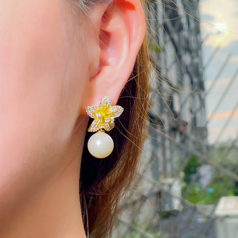 Gold Flower Earrings For Women Large Flower Pearl Earrings Gold Floral Dangle Earring Double Flower Statement Earring Wedding Party Jewelry For Bride Women, Plastic, No Gemstone
