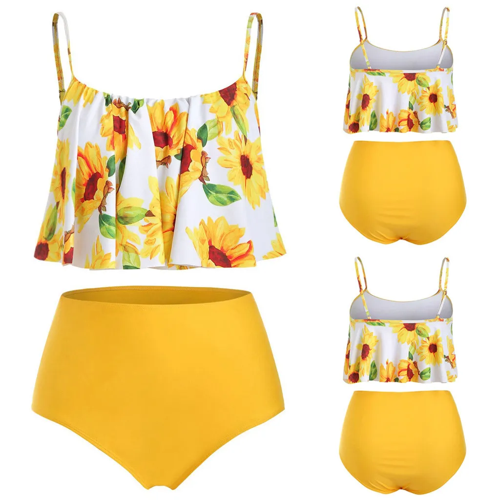 

Halter Top Tankini Set Ruffled Sunflower Print Swimsuit Women Swimwear Plus Size Bathing Suit 2 Piece Beachwear Maillot De Bain