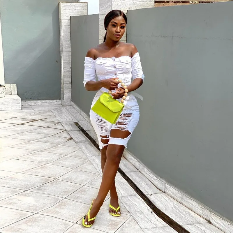 Distressed Denim Women Playsuit White Off Shoulder Rompers Front Button Up Women Work Out Jeans Jumpsuit Bodycon Party Overalls