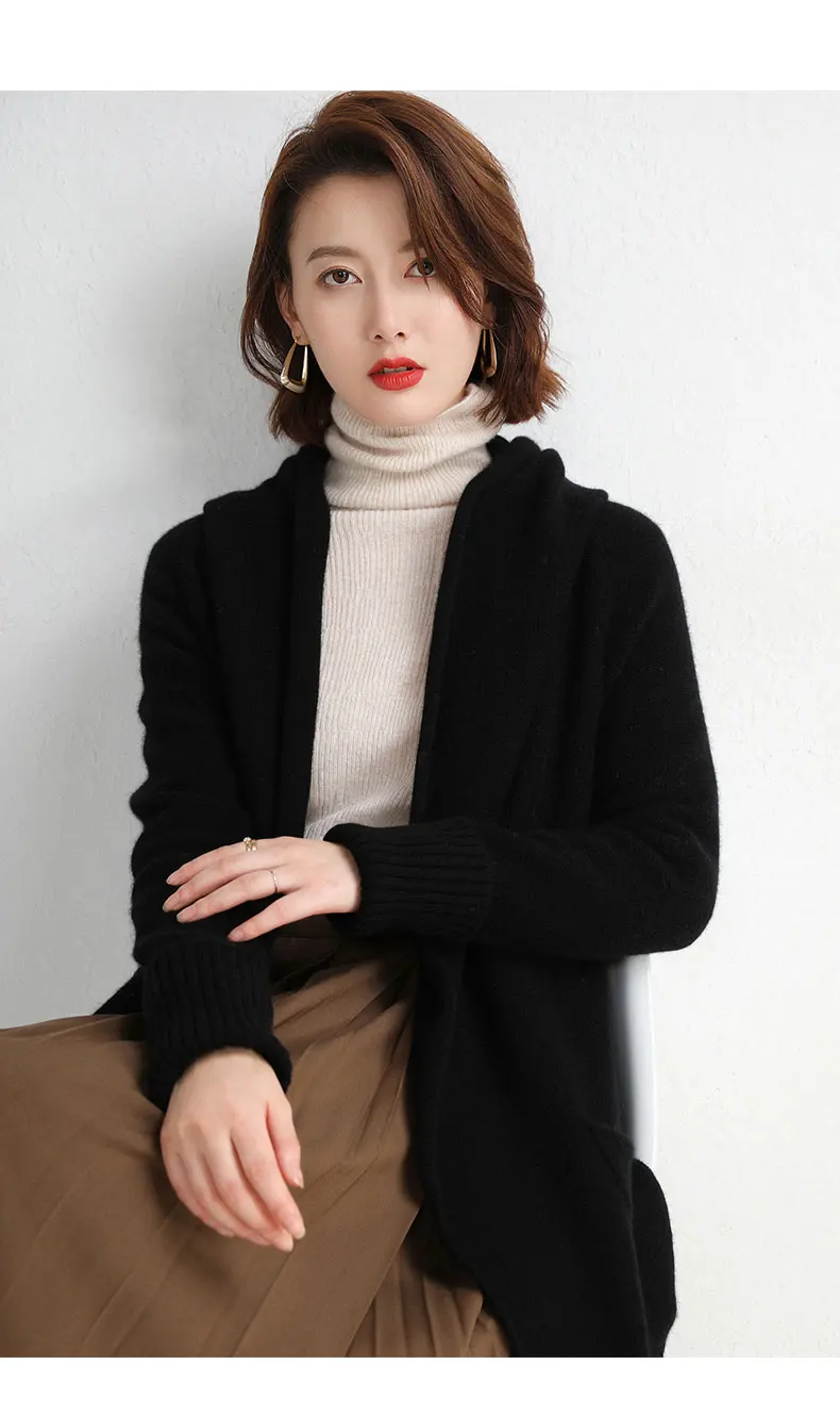 Кашемировый свитер размера плюс Geniune, Женский мягкий корейский женский ретро длинный кардиган с капюшоном, женская вязаная одежда, свободное теплое пальто
