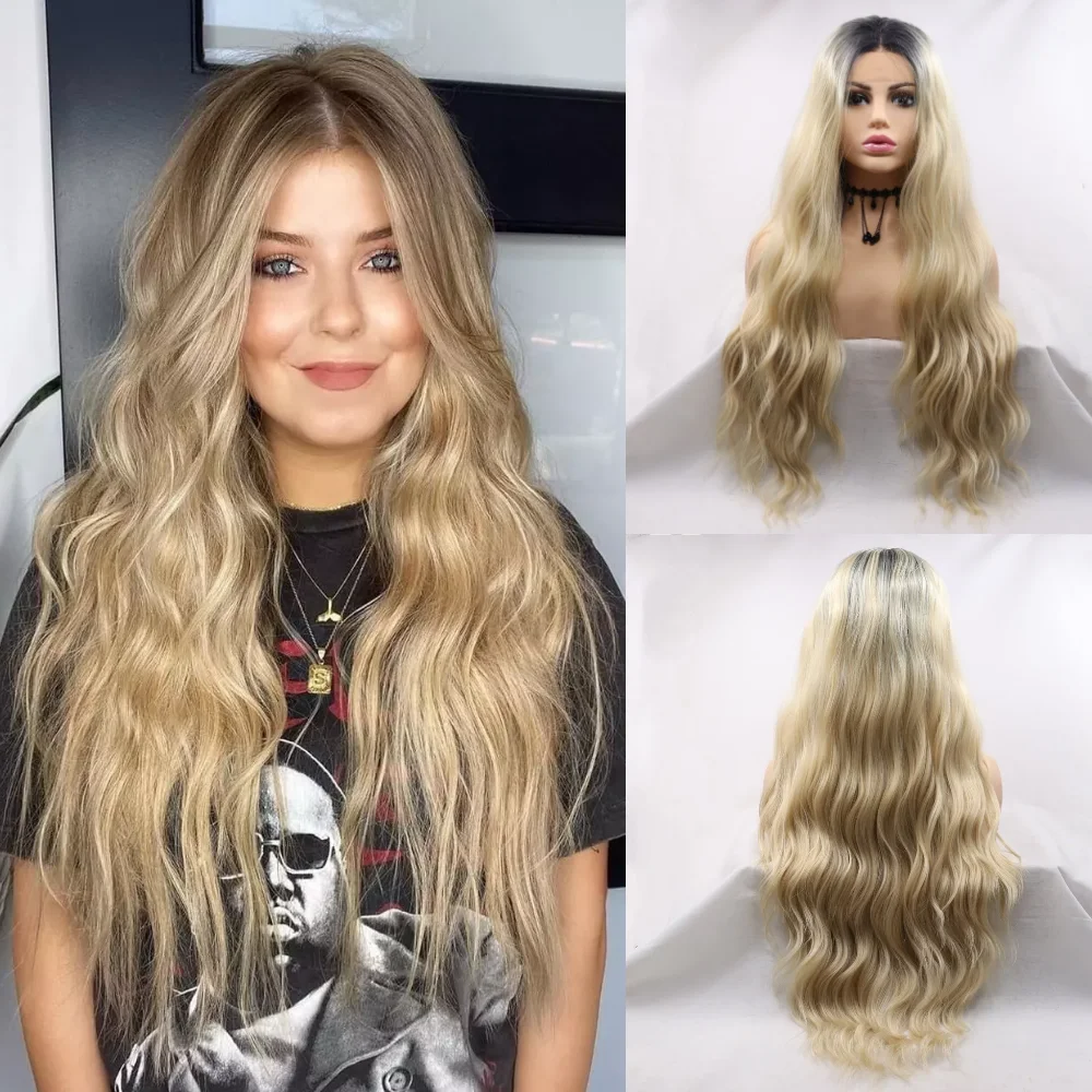 

Sylvia Blonde Synthetic Lace Front Wig Loose Wave Hair Dark Root Middle Part Ombre Wigs Heat Resistant Daily Women Wig Two Tone