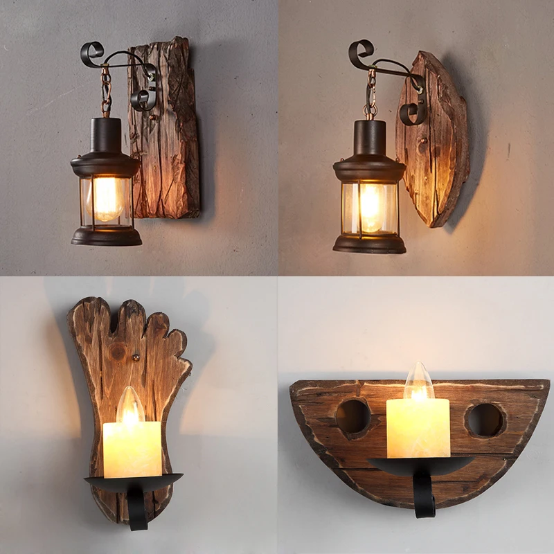 

Loft industrial restaurant wall lamp wood vintage light bedside bedroom cafe aisle corridor glass wall light wood lamp
