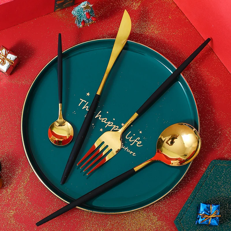 US $35.70 24pcs Gold Dinnerware Set 304 Stainless Steel Tableware Set Knife Fork Spoon Flatware Set Christmas Gift Cutlery Set Gift Box