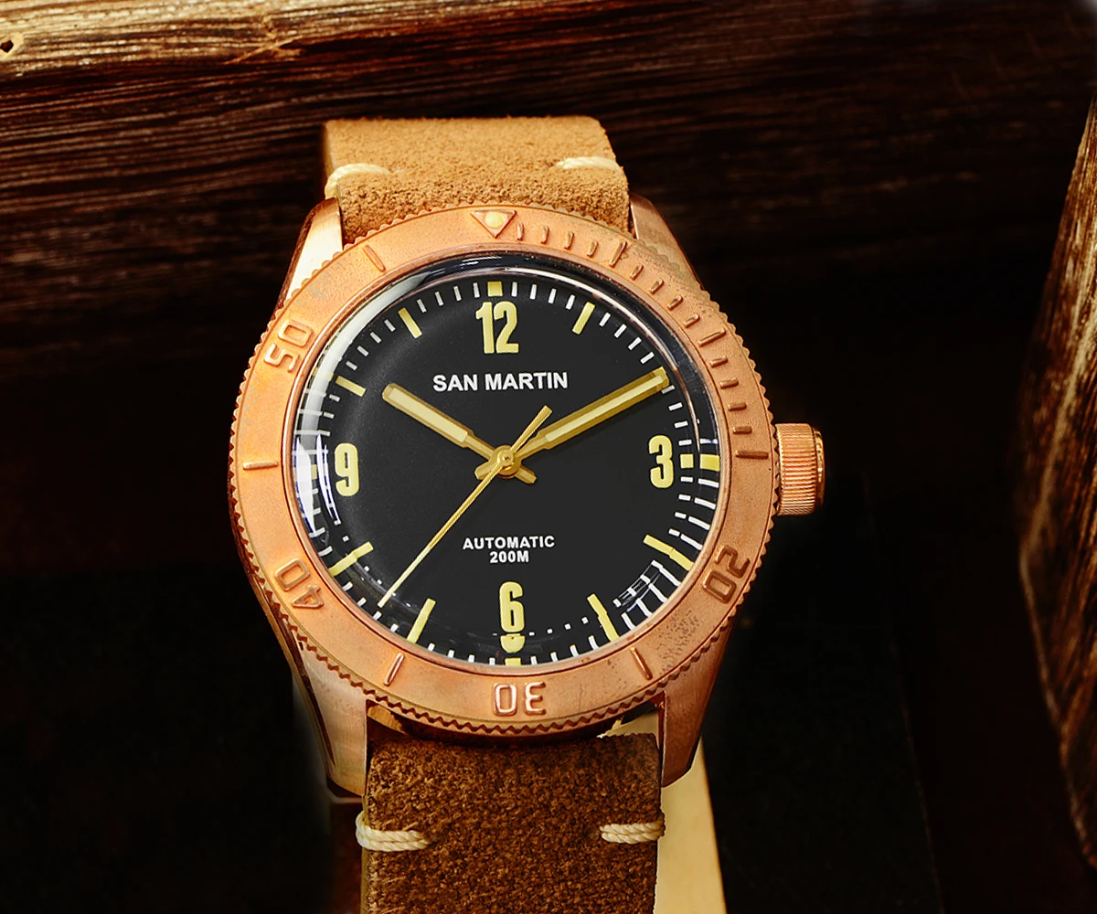 Lugyou San Martin, бронзовые часы для ныряльщиков, автоматический вращающийся ободок, Водонепроницаемость 200 м, сапфировый куполообразный кристалл, ремешок из натуральной кожи
