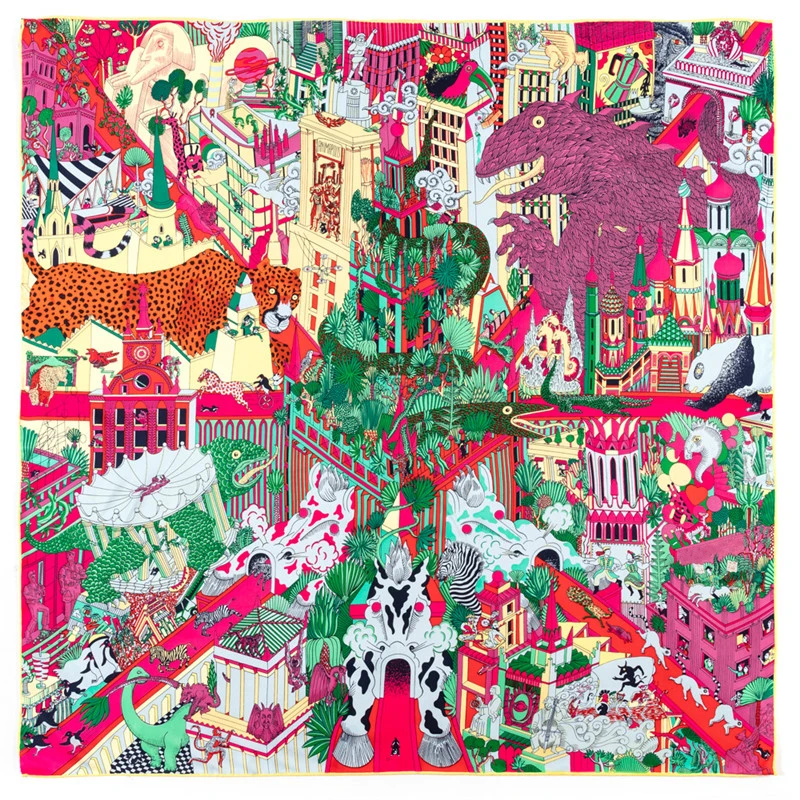 POBING Manual Hand Rolled Twill Silk Scarf Women Animals Kingdom Square Scarves Echarpes Foulards Femme Wrap Bandana Hijab 90CM 5