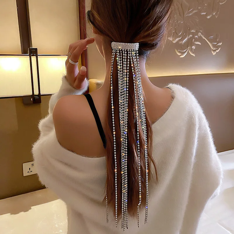 

Hair Ornament Clip Wedding Banquet Jewelry 2021 New Trendy Fashion Women Girls Bright Flashing Rhinestone Tassel Hairpins