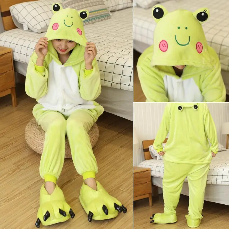 Зимняя Пижама с единорогом Kigurumi Ститч Пижама с животными ползунки «панда» для женщин и мужчин унисекс для взрослых фланелевая ночная рубашка комплекты домашней одежды - Цвет: Light Green Frog FL