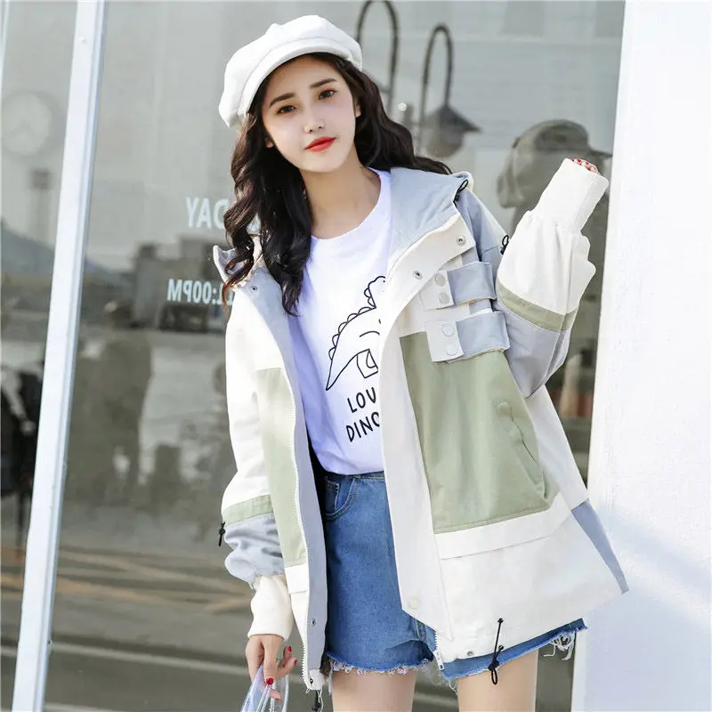 

Colorblock Hooded Jacket Female 2019 Spring and Autumn New Korean Loose Overall Coat Long-sleeved Girls Splice Shirt Tops f1435