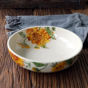 

1Pcs Creative painted flowers round ceramic plate tableware Western steak salad dessert cake sushi storage decorative deep dish