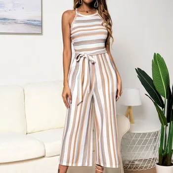 

New Summer Beach Bohemian Casual Jumpsuits Women Rompers Fashion Sashes Stripe Printed Jumpsuit Sleeveless Wide Leg Jumpsuit