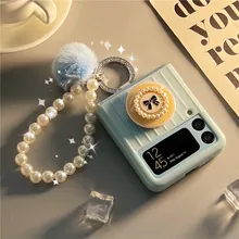 

For Samsung ZFlip3 Cases Luggage Blue Butterfly Stand Silver Diamond Ring Crossbody Pearl Chain Cover for Samsung Z FLIP3 Etui
