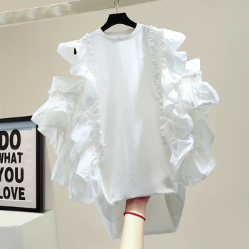 

T-shirt for Women Summer Loose Top Personality Three-Dimensional Irregular Ruffled Shirt Ladies White Black Tops T Shirts Tees